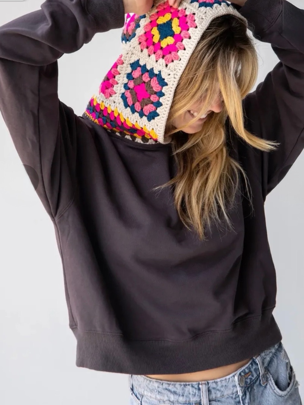 Natural Life Crochet Hood Sweatshirt Charcoal Granny Square Boho Pullover S/M